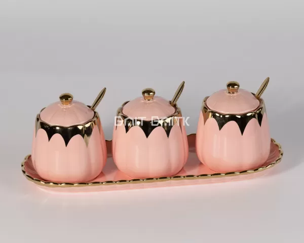 3-Piece Sugar Pot Set with Tray & Spoons – Pink & Gold - Bait Baitk Lebanon