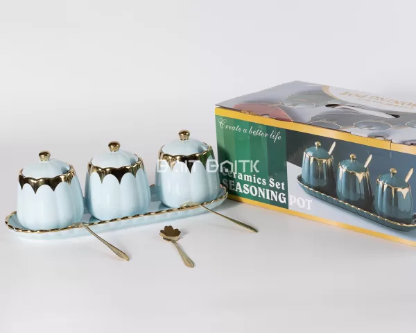 sk-4125-7 3-Piece Ceramic Sugar Pot Set with Tray – Light Blue & Gold - Bait Baitk Lebanon