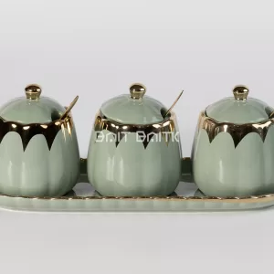 طقم سكريات/بهارات سيراميك 3 قطع أخضر ساج مع ذهبي على صينية