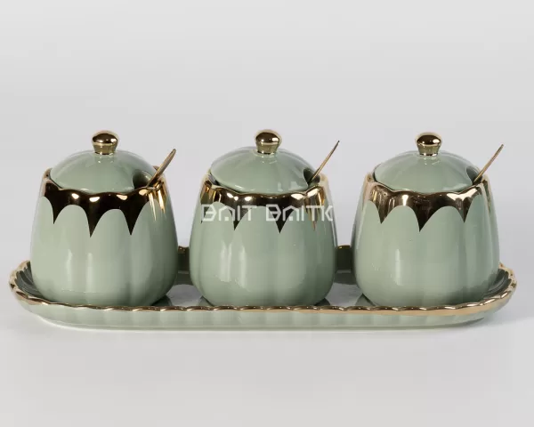 3-Piece Ceramic Sugar Pot Set – Sage Green & Gold - Bait Baitk Lebanon