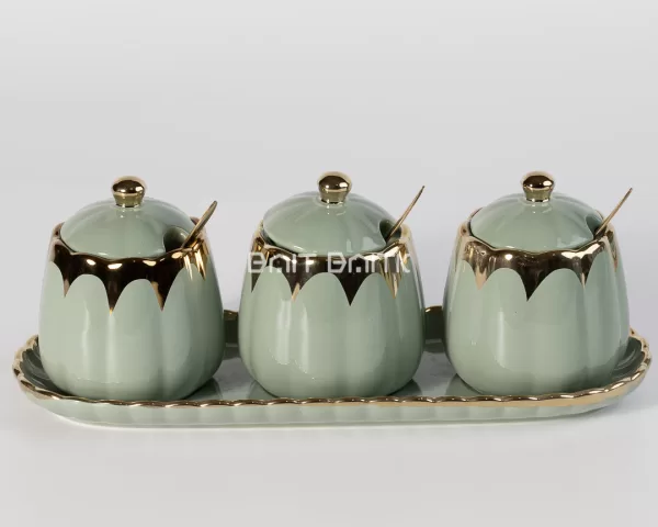sk-4125-9 3-Piece Ceramic Sugar Pot Set – Sage Green & Gold - Bait Baitk Lebanon