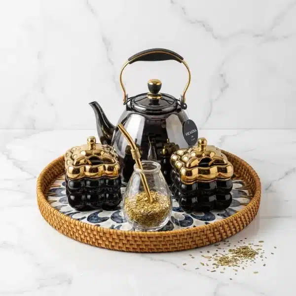 KFHLDwBR-1.jpg Luxury Black & Gold Mate Serving Set with Rattan Tray & VICALINA Teapot - Bait Baitk Lebanon