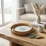 Round Rattan Serving Tray Set with Blue Mosaic