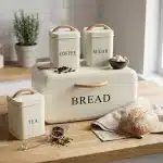4-Piece Bread Box and Kitchen Canister Set - Cream Wood Handle
