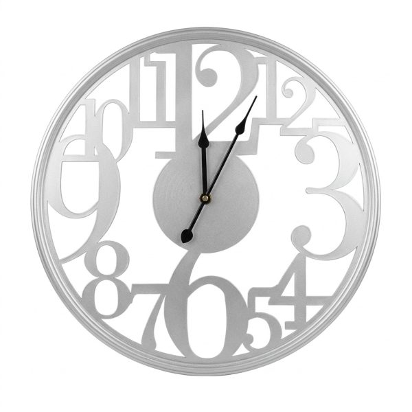 Silver openwork wall clock 50 cm with overlapping numerals Silver openwork wall clock 50 cm with overlapping numerals