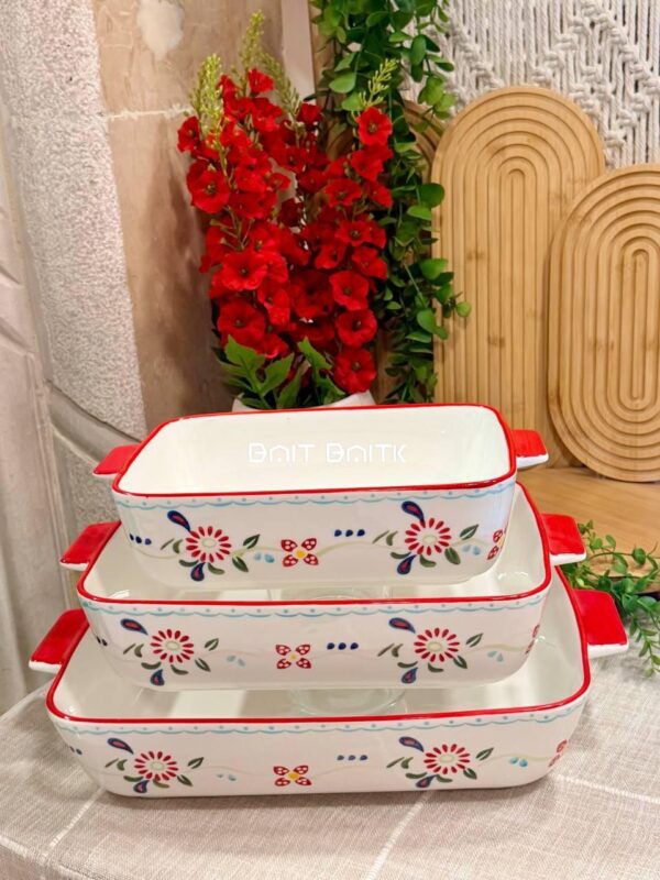Ceramic Baking Set - Magenta Floral Design طقم صواني فرن سيراميك – 3 قطع | Ceramic Baking Tray Set - بيت بيتك لبنان