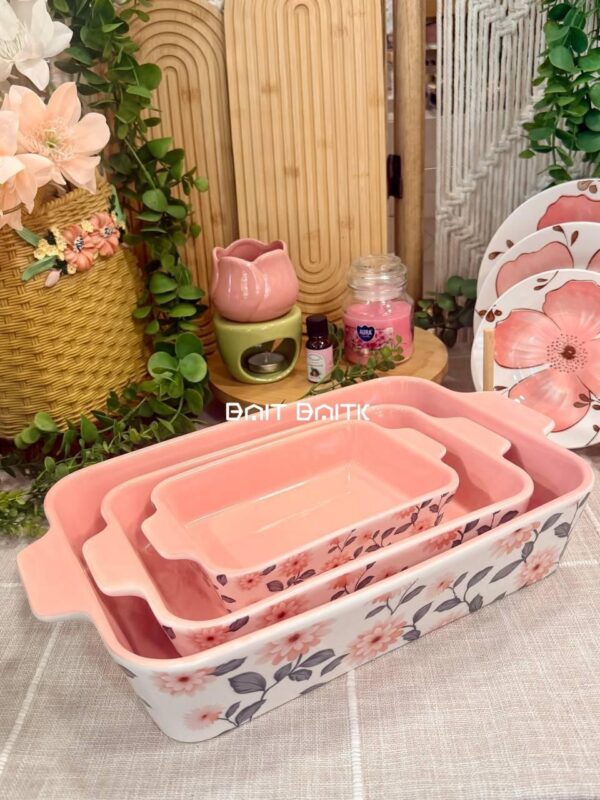Ceramic Baking Set - Pink Floral Design طقم صواني فرن سيراميك – 3 قطع | Ceramic Baking Tray Set - بيت بيتك لبنان