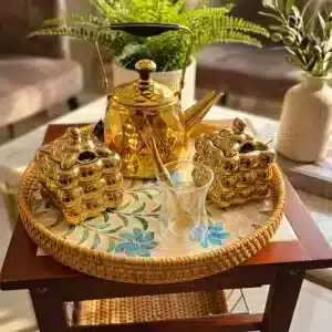 Luxury Golden Mate Serving Set with Rattan Tray & Ceramic Bowls
