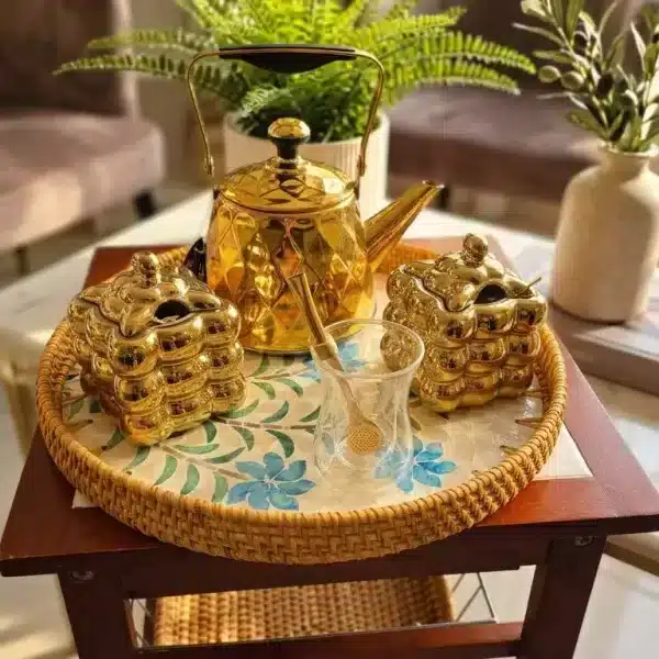 lLeUmKSH.jpg Luxury Golden Mate Serving Set with Rattan Tray & Ceramic Bowls - Bait Baitk Lebanon