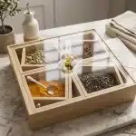 علبة بهارات وشاي خشب بغطا زجاج ومقسّمات