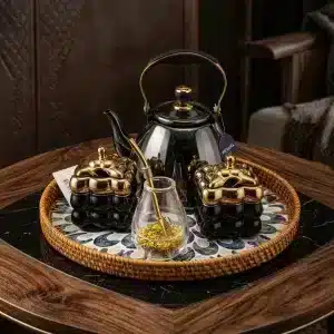 طقم متة فاخر للضيافة أسود وذهبي