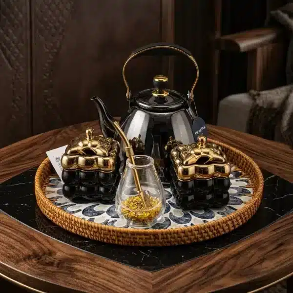 nisuNgJa-1.jpg Luxury Black & Gold Mate Serving Set with Rattan Tray & VICALINA Teapot - Bait Baitk Lebanon