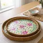 Set of 2 Rattan Decorative Serving Trays with Floral Mosaic