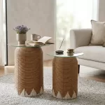 Tall Rattan Side Tables with Glass Top