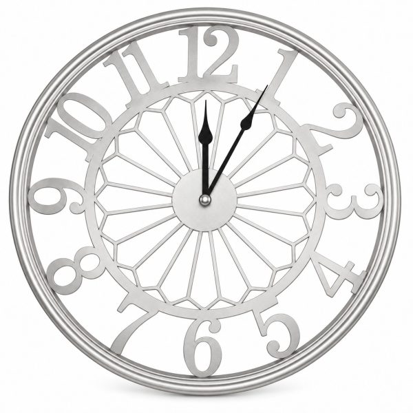 Silver openwork wall clock 50 cm with large numerals and spoked centre Silver openwork wall clock 50 cm with large numerals and spoked centre