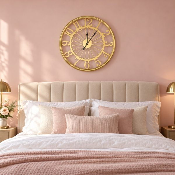 Gold openwork wall clock above a bed on a blush pink wall Gold openwork wall clock above a bed on a blush pink wall