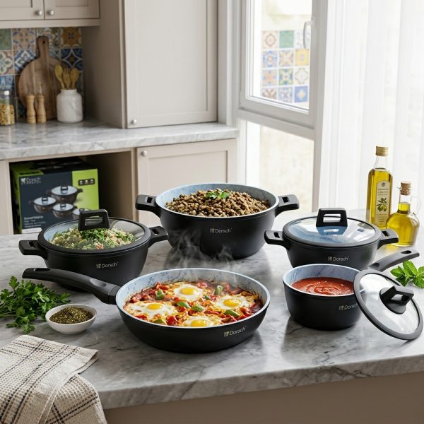 Dorsch Casserole – ( 28 cm + 24 cm + 20 cm) SaucePan-18 cm + Deep Fry Pan-28 cm – 4 Pcs 89 aluminum Proglider Non-Stick Marble Ceramic Coated , Die-casting DH-05566 in use Dorsch Casserole - ( 28 cm + 24 cm + 20 cm) SaucePan-18 cm + Deep Fry Pan-28 cm - 4 Pcs 89 aluminum Proglider Non-Stick