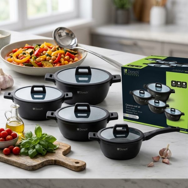 Dorsch Casserole – ( 28 cm + 24 cm + 20 cm) SaucePan-18 cm + Deep Fry Pan-28 cm – 4 Pcs 89 aluminum Proglider Non-Stick Marble Ceramic Coated , Die-casting DH-05566 styled Dorsch Casserole - ( 28 cm + 24 cm + 20 cm) SaucePan-18 cm + Deep Fry Pan-28 cm - 4 Pcs 89 aluminum Proglider Non-Stick