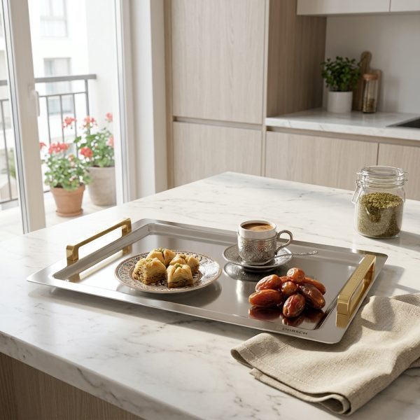 Dorsch Cassia Gold 18/10 Stainless Tray DH-03237 in use Dorsch Cassia Gold 18/10 Stainless Tray DH-03237 in use
