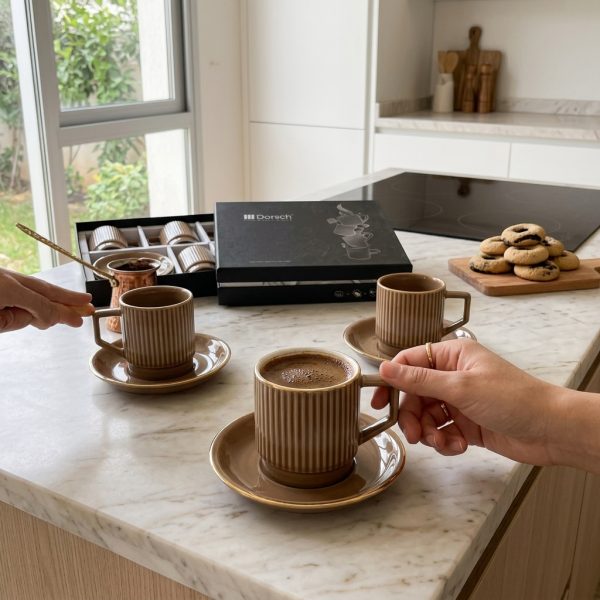 Dorsch Chateau-brown 12 Pieces Coffee Cups Set Gold Rim DH-09346 in use Dorsch Chateau-brown 12 Pieces Coffee Cups Set Gold Rim DH-09346 in use