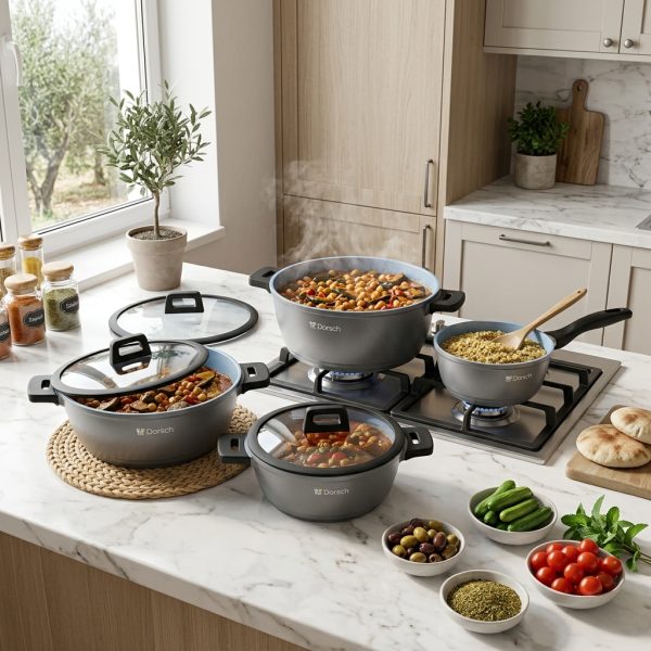 Dorsch Cookware set - 8 PCs Casserole - ( 30 cm + 26 cm + 22 cm ) Saucepan 18 cm DH-05555 in use Dorsch Cookware set - 8 PCs Casserole - ( 30 cm + 26 cm + 22 cm ) Saucepan 18 cm DH-05555 in use