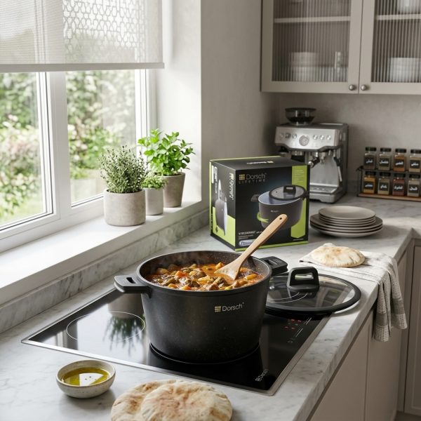 Dorsch Dim: 28xh7.4cm Stock Pot 24 cm Proglider Non-Stick Marble Ceramic Coated, Die-casting aluminum DH-05564 in use Dorsch Dim: 28xh7.4cm Stock Pot 24 cm Proglider Non-Stick Marble Ceramic Coated, Die-casting aluminum DH-05564 in use