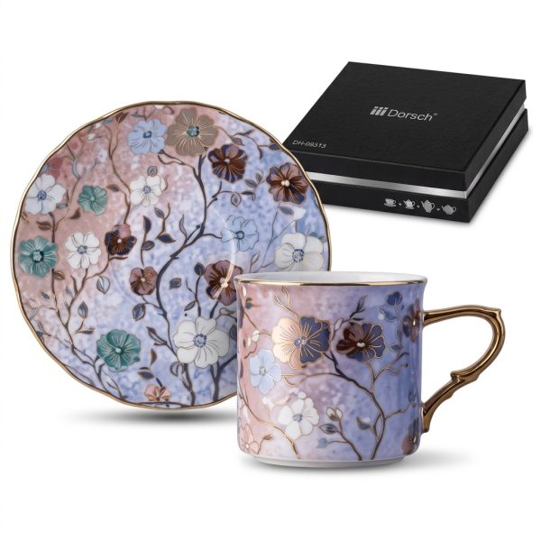 طقم فناجين قهوة دورش DH-09313 | Dorsch Floris Blue 12 pcs coffee cup set Gold Handle And Rim DH-09313