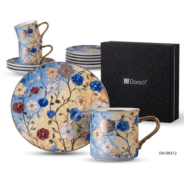 طقم فناجين قهوة دورش DH-09312 | Dorsch Floris Yellow 12 pcs coffee cup set Gold Handle And Rim DH-09312