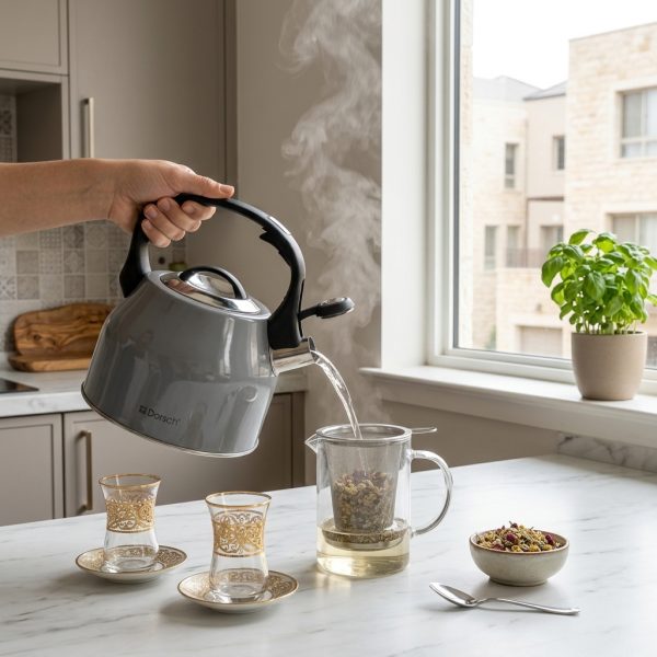 Dorsch Kettle Grey 2.5 L Stainless Steel 18/8 DH-02905 in use Dorsch Kettle Grey 2.5 L Stainless Steel 18/8 DH-02905 in use
