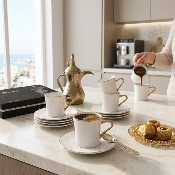 Dorsch Regency White 12 pcs coffee cup set Gold Handle And Rim DH-09335 in use Dorsch Regency White 12 pcs coffee cup set Gold Handle And Rim DH-09335 in use