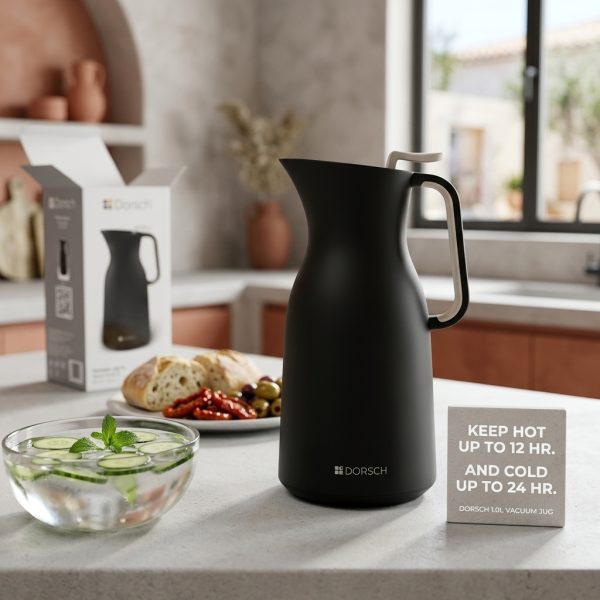 Dorsch Vacuum Jug 1.0L - Black Matt Keep hot up to 12 hr. and cold up to 24 hr. DH-02853 styled Dorsch Vacuum Jug 1.0L - Black Matt Keep hot up to 12 hr. and cold up to 24 hr. DH-02853 styled