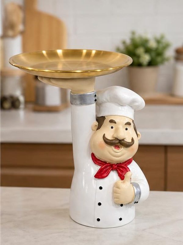sk 5203 chef golden plate ai lifestyle SK-5203 chef figurine lifestyle kitchen decor with golden tray
