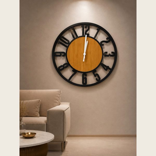 ساعة حائط خشب فنية بإطار أسود 50 سم - SK-5335