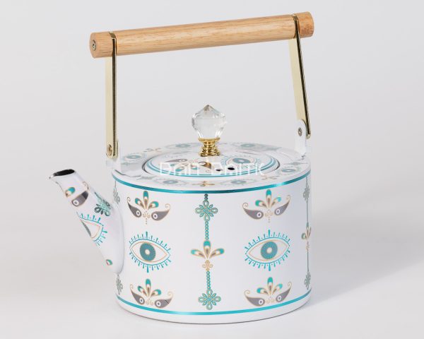 إبريق شاي عين أبيض بمقبض خشبي SK-5058 من بيت بيتك / White evil eye tea kettle with wooden handle SK-5058 from Bait Baitk