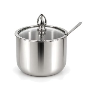 Silver stainless steel sugar bowl with glass lid and spoon