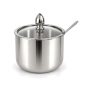 Silver stainless steel sugar bowl with glass lid and spoon