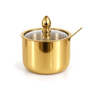 Gold stainless steel sugar bowl with glass lid and gold spoon