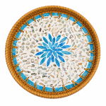 Round Rattan Serving Tray with Blue Mosaic – Set of 2 (35cm)