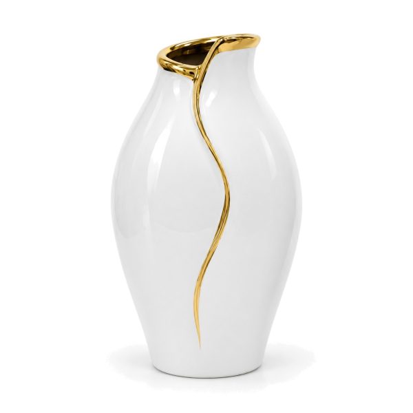 White Porcelain Vase with Gold Line, 26 cm on white background