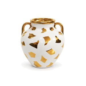 White and gold jar vase 20 cm on white background