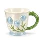 Blue tulip ceramic mug with green handle