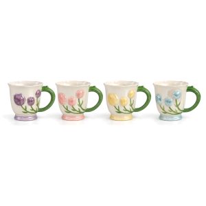Tulip ceramic mug with green handle in purple, pink, yellow and blue