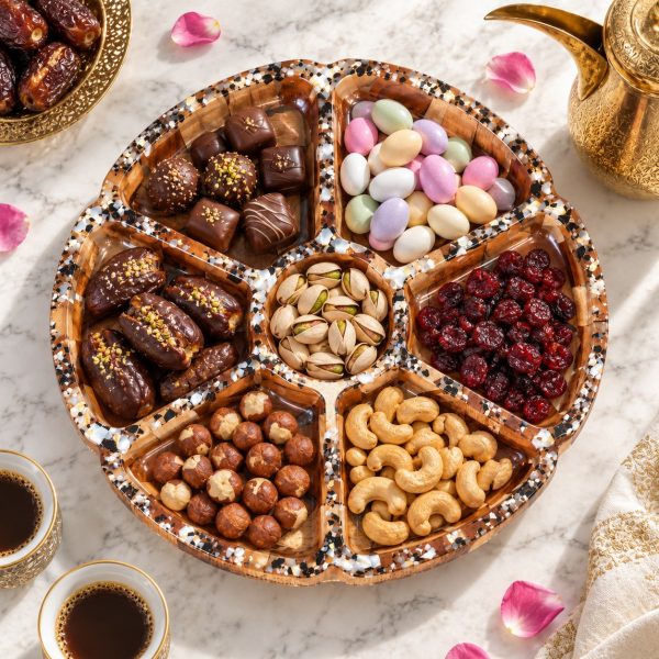 Divided wooden serving plate with Eid sweets, top view Divided wooden serving plate from above with chocolates and nuts for Eid