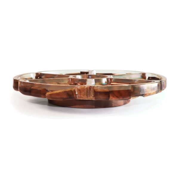Divided wooden serving plate side view Divided wooden serving plate side view showing the rotating base