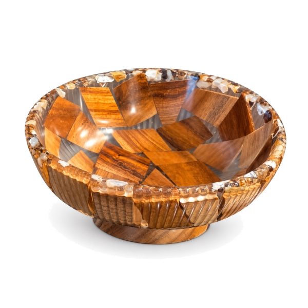 جاط بكعب خشب 20 سم Footed wooden serving bowl 20 cm, wood and resin mosaic on a short foot