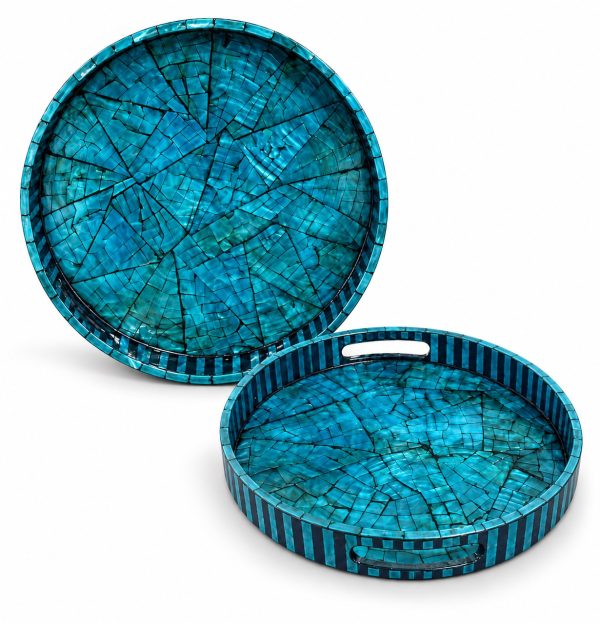 Turquoise Mosaic Round Serving Tray Set 30 & 35 cm on white - SK-5351