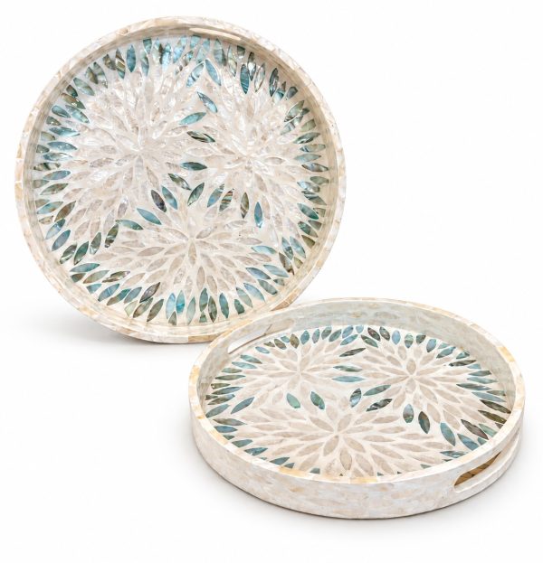 طقم صواني صدف دائري أزرق قطعتين 30 و35 سم | Blue mother of pearl round tray set, 2 pieces 30 and 35 cm