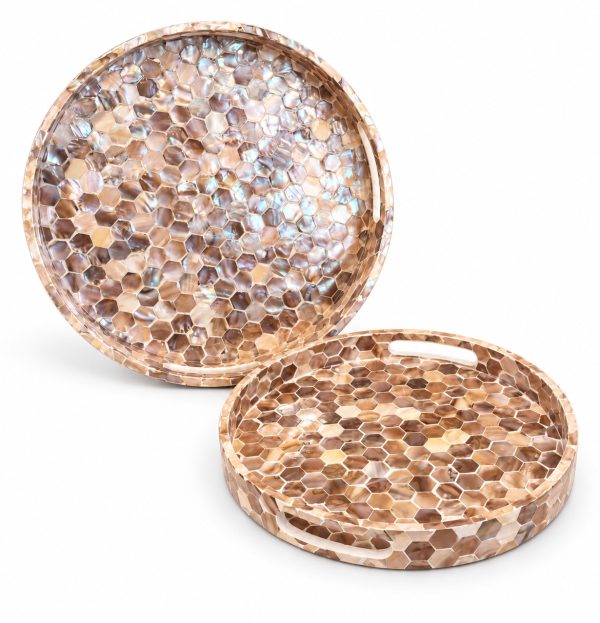 طقم صواني صدف دائري بني بنقشة سداسية 30 و35 سم | Brown hexagon mother of pearl round tray set 30 and 35 cm