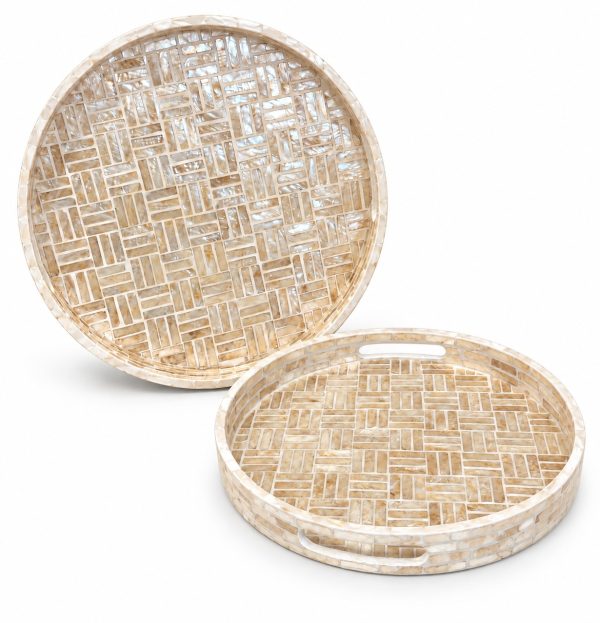 طقم صواني صدف دائري بني بنقشة مجدولة 30 و35 سم | Brown basket-weave mother of pearl round tray set 30 and 35 cm