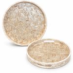 Brown Basket-Weave Mother of Pearl Round Tray Set, 2 Pieces 30 & 35 cm